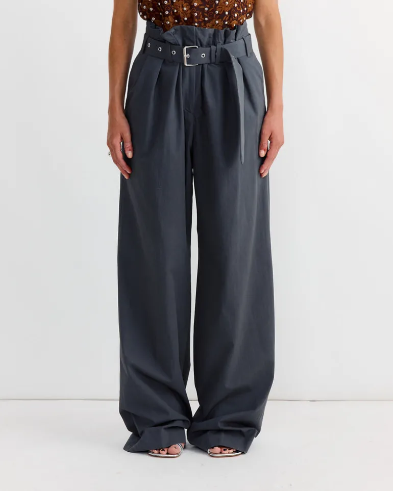 Belted Cotton Pants in Dark Grey