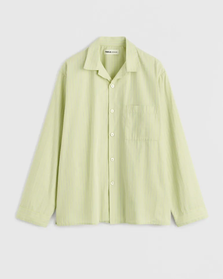 Cotton Poplin Pyjamas Shirt in Light Moss Stripes