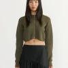 Flat Yarn Crew Neck Zip Cardigan in Khaki