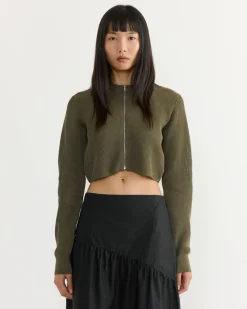 Flat Yarn Crew Neck Zip Cardigan in Khaki