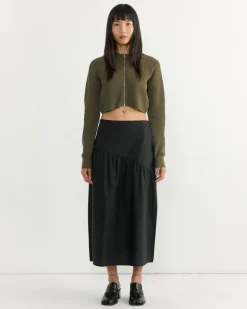Flat Yarn Crew Neck Zip Cardigan in Khaki