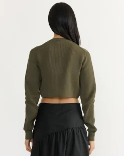 Flat Yarn Crew Neck Zip Cardigan in Khaki
