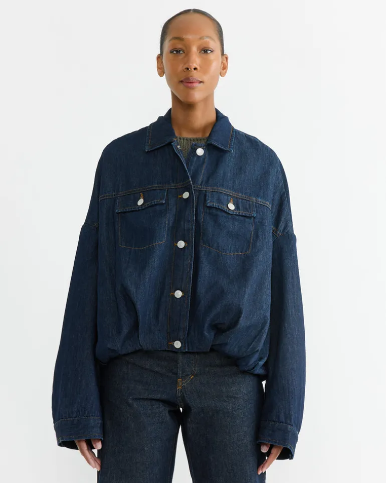 Gathered Denim Jacket in Indigo