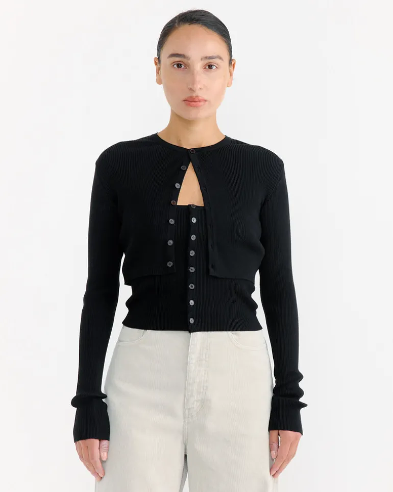 High Gauge Rib Cropped Cardigan in Black