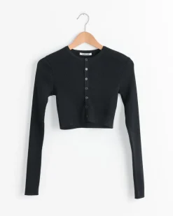 High Gauge Rib Cropped Cardigan in Black