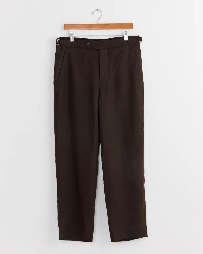 Lightweight Linen Side Buckle Trouser in Brown Black