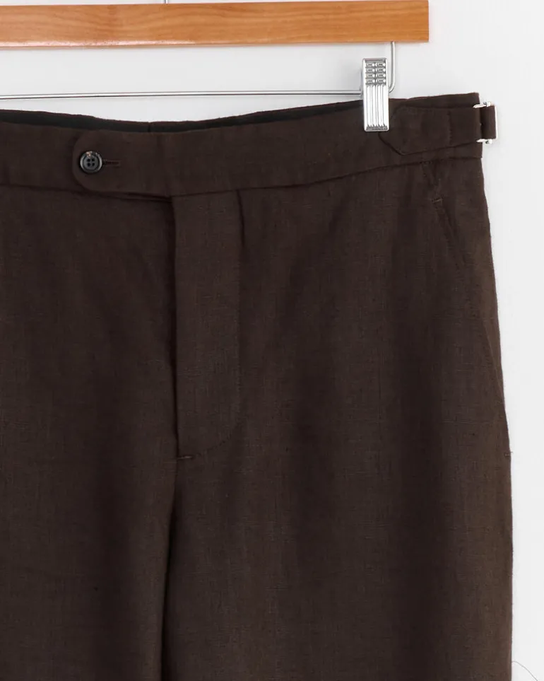 Lightweight Linen Side Buckle Trouser in Brown Black