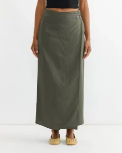 Linen Blend Maxi Wrap Skirt in Olive