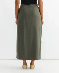 Linen Blend Maxi Wrap Skirt in Olive