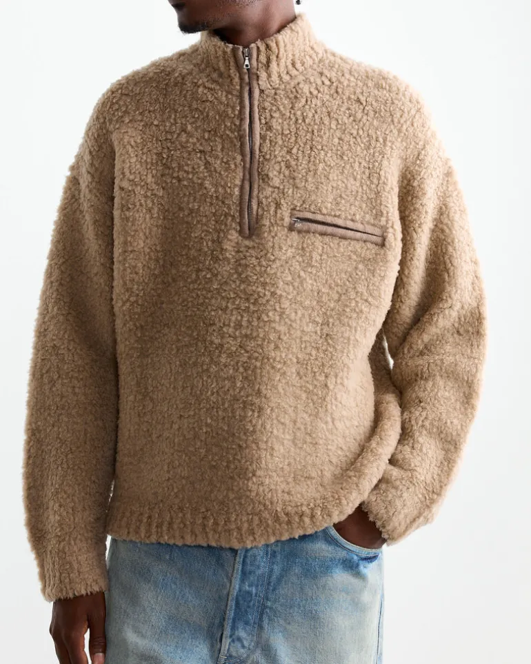 Merino Wool Boa Half Zip Pullover in Beige