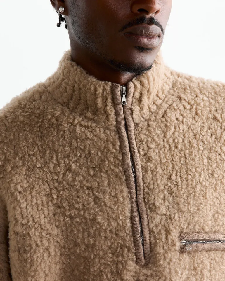 Merino Wool Boa Half Zip Pullover in Beige