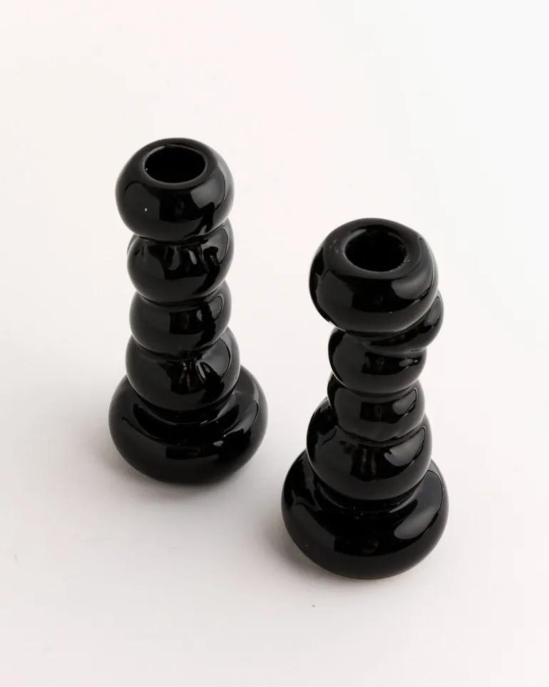 Misfits Set Of 2 Candleholder in Gloss Black