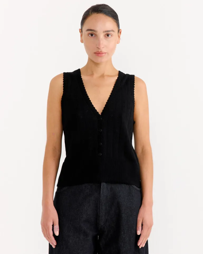Organic Cotton Pointelle Waistcoat in Black