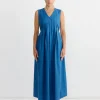 Pleated V-Neck Dress in Blue