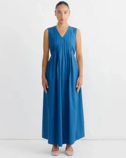 Pleated V-Neck Dress in Blue