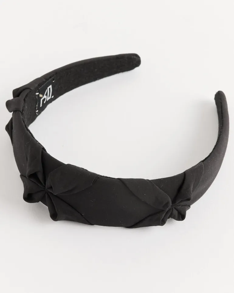 Satin Smocked Flower Headband in Black
