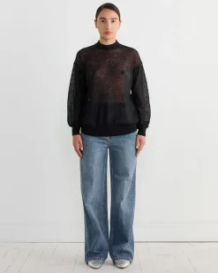 Sheer Sweater Crewneck Easy Pullover in Dark Navy