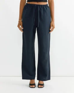 Silk Linen Drawstring Pant in Dark Navy