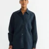 Silk Linen Oversized Shirt in Dark Navy