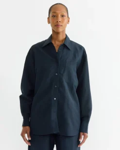 Silk Linen Oversized Shirt in Dark Navy