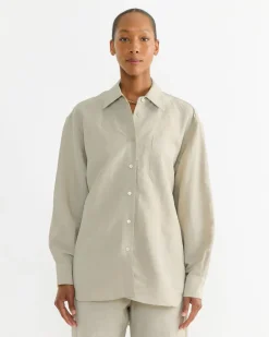 Silk Linen Oversized Shirt in Light Khaki
