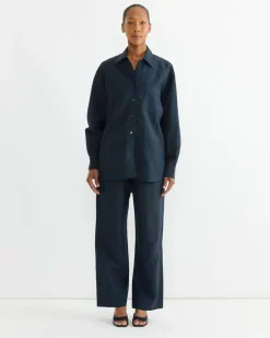 Silk Linen Oversized Shirt in Dark Navy