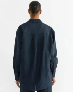Silk Linen Oversized Shirt in Dark Navy