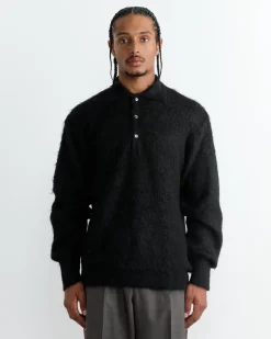 Super Kid Mohair Knit Polo Sweater in Black