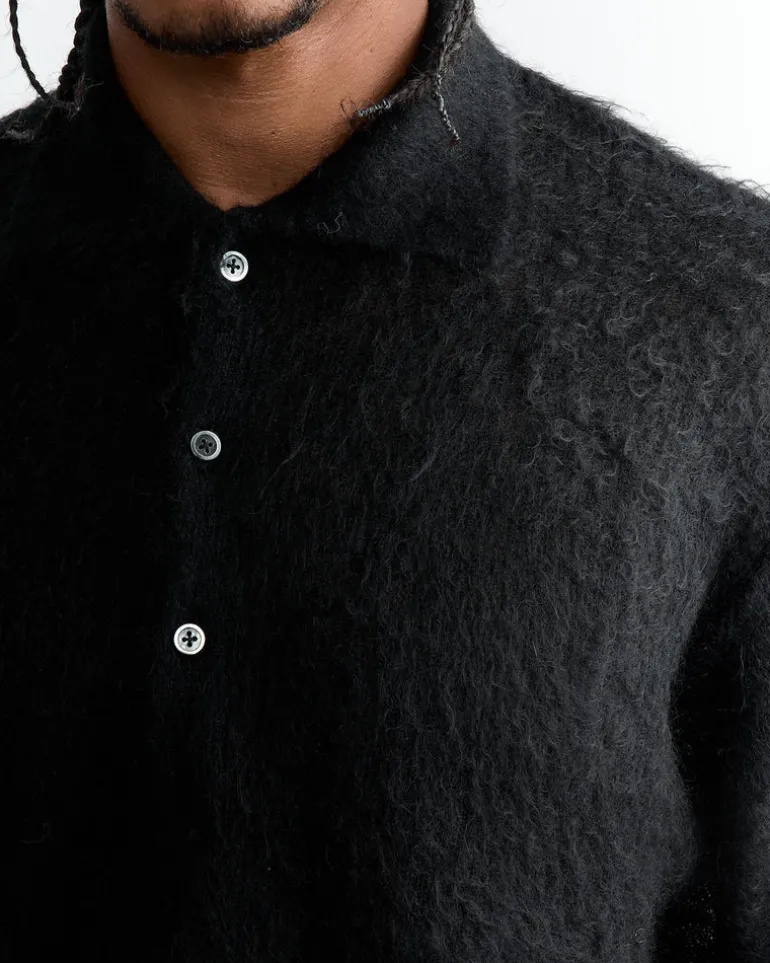 Super Kid Mohair Knit Polo Sweater in Black