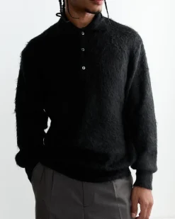 Super Kid Mohair Knit Polo Sweater in Black