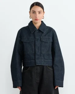 Two Pocket Cropped Jacket in Denim Indigo
