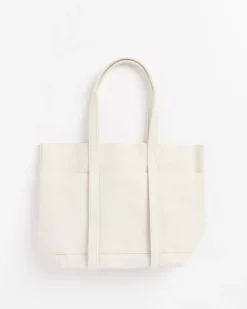 Washed Canvas 6 Pocket Tote Bag in White Small