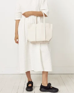 Washed Canvas 6 Pocket Tote Bag in White Small