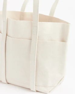 Washed Canvas 6 Pocket Tote Bag in White Small