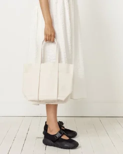 Washed Canvas 6 Pocket Tote Bag in White Small