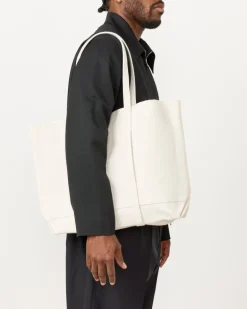 Washed Canvas 6 Pockets Tote in White Medium