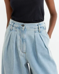 Wide Pleated Jeans in Ice Blue